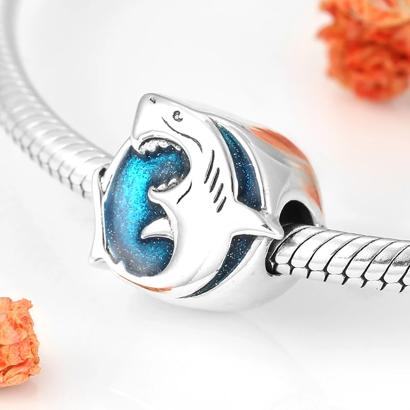 Горячая Распродажа шарма океана 925 пробы серебро Акула синие эмалированные