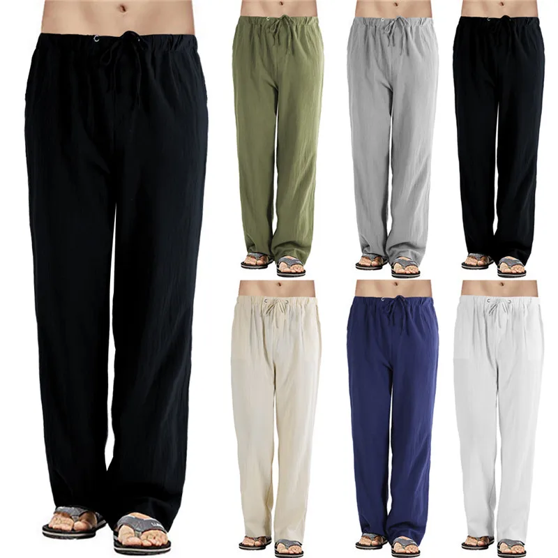 

Брюки мужские из хлопка и льна, повседневные однотонные прямые свободные спортивные штаны для бега с эластичным поясом, мужская одежда
