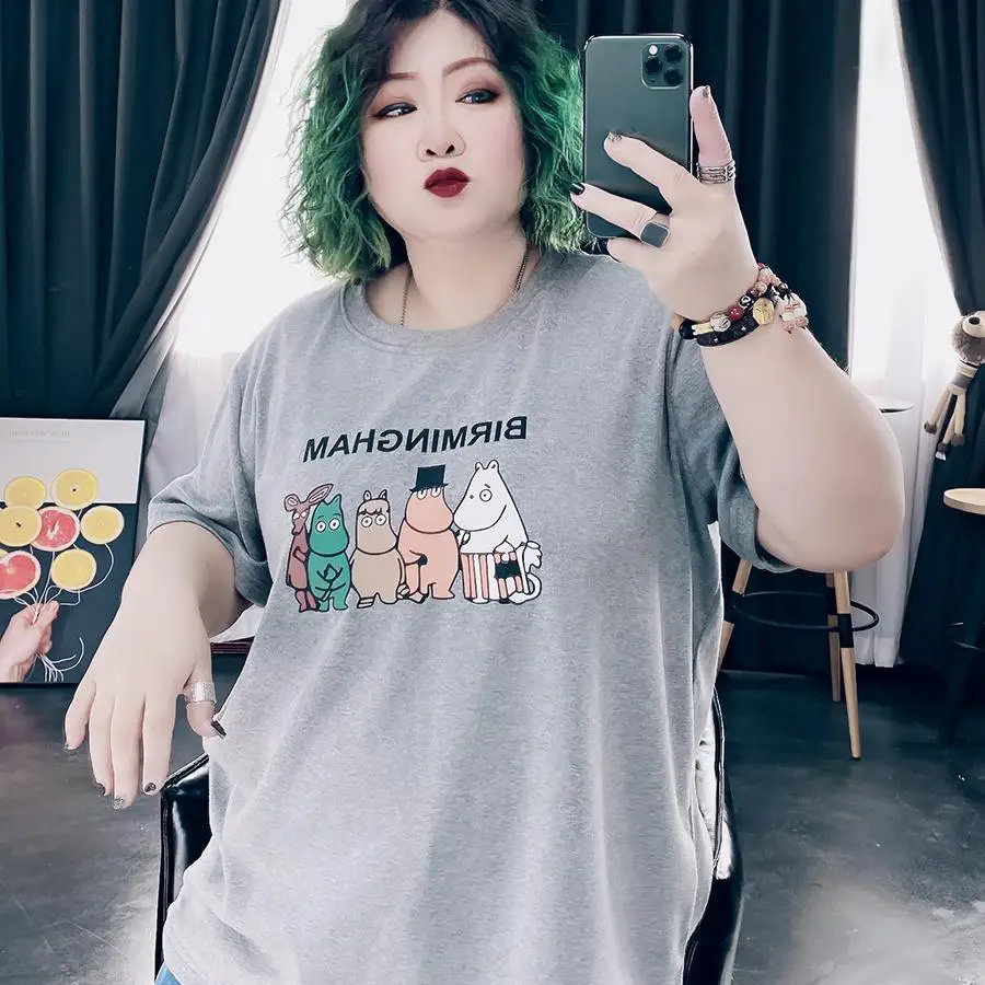 

Korean extra large women's summer dress 200 Jin fat MM300 loose thin top bottom Shirt Short Sleeve T-Shirt