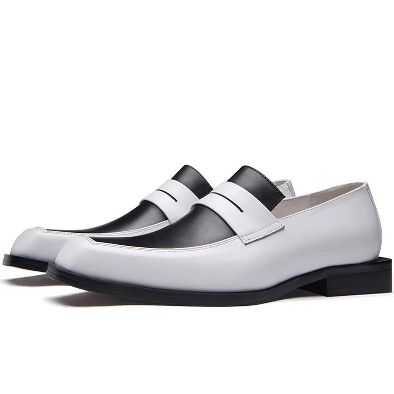 

Men's business casual leather shoes, leather top, cowhide, lazy man, color matching square head men's shoes, low top single shoe