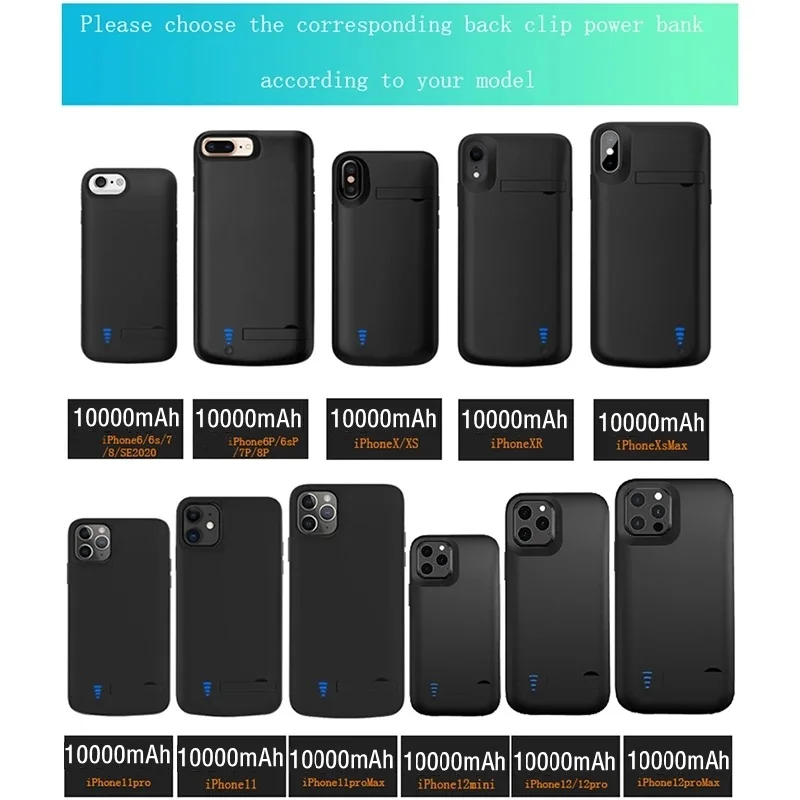 Funda para cargador de bater&iacute;a de tel&eacute;fono, cubierta de carga con soporte de 10000mAh para iPhone 12, 11 pro max, 6, 6s, 7, 8 Plus, X S-5