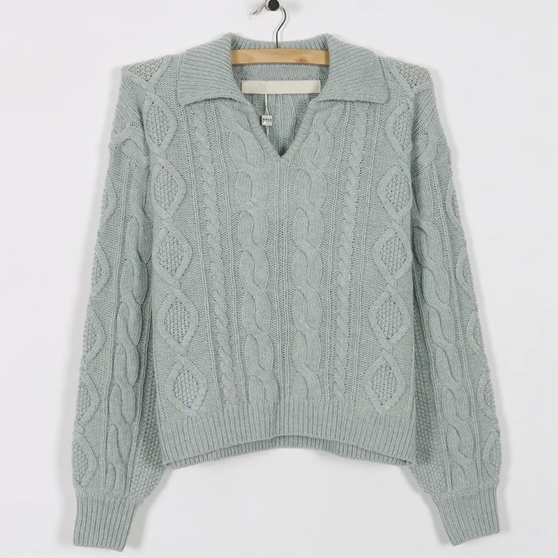 

Women Sweater Solid Turn-down Collar Pullovers Female Casual Autumn Knitted Brocade Sweater Women Loose Soft Vintage Tops