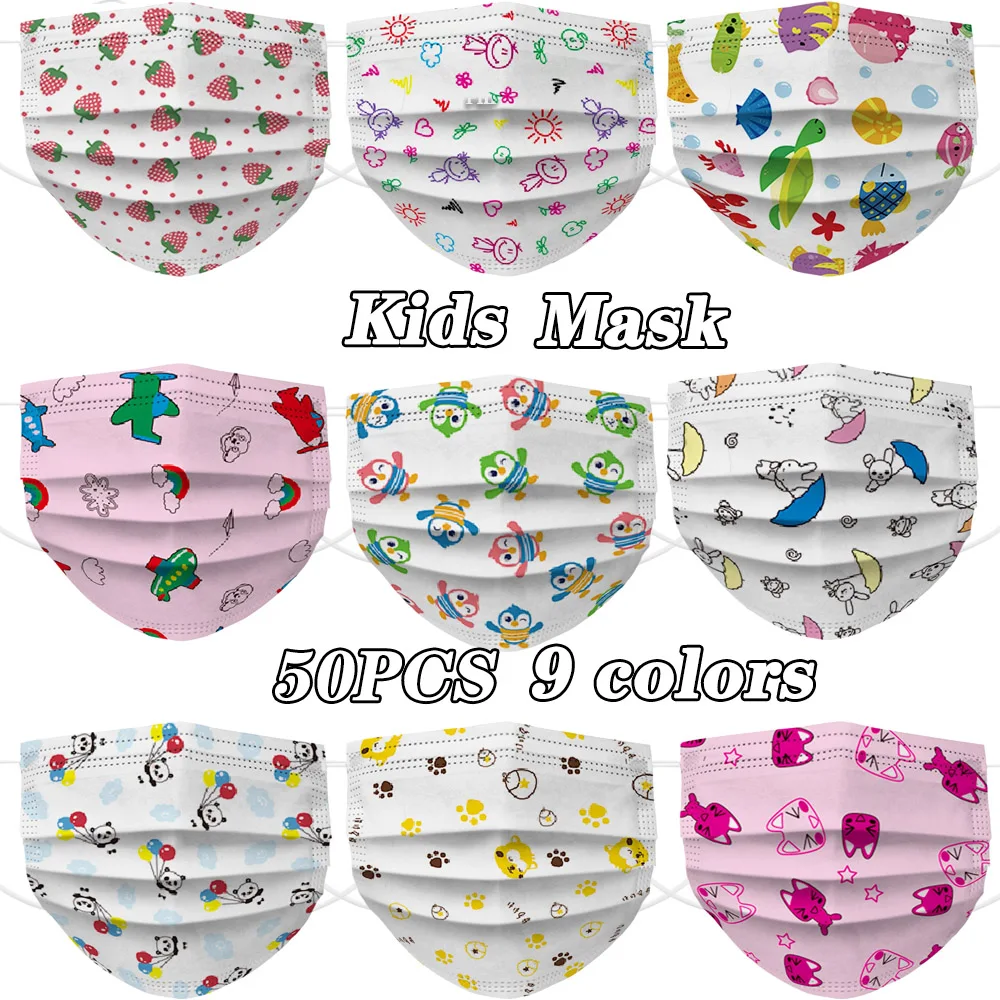 

50 Kids Mascarillas Children's Mask Disposable Face Mask Industrial Ear Loop 50pcs Mixed Color Fashion Cartoon Print Mouth Mask