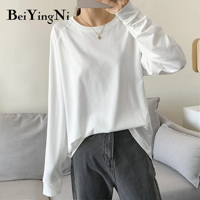 

Beiyingni 2022 Spring Long Sleeve Oversized T-shirt Women White Plain Casual Loose Harajuku Cotton Top Female Vintage Soft Tops