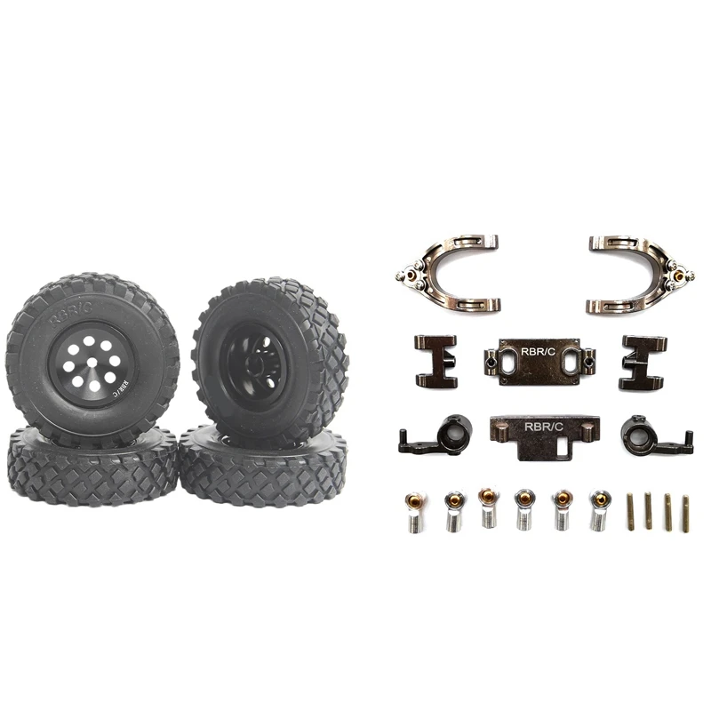 

2 Set RC Car Part: 1 Set Upper Lower Swing Arm Steering Cup Knuckle Set & 1 Set Wheel Rim Wheel Hubs Rubber Tires