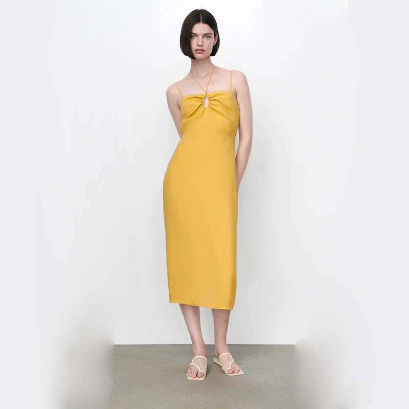 

Женское осеннее приталенное платье Uniera 2021 Za, модное пикантное тонкое универсальное Плиссированное миди-платье с подвесным воротником и раз...