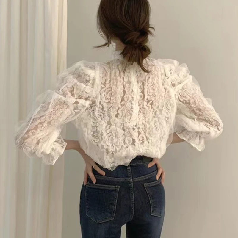 

Korean Style Stand Collar Pullover Mesh Blouse Women New Elegant Fashion Office Lady Solid Lace Tops Sweet Clothing Blusas 12511