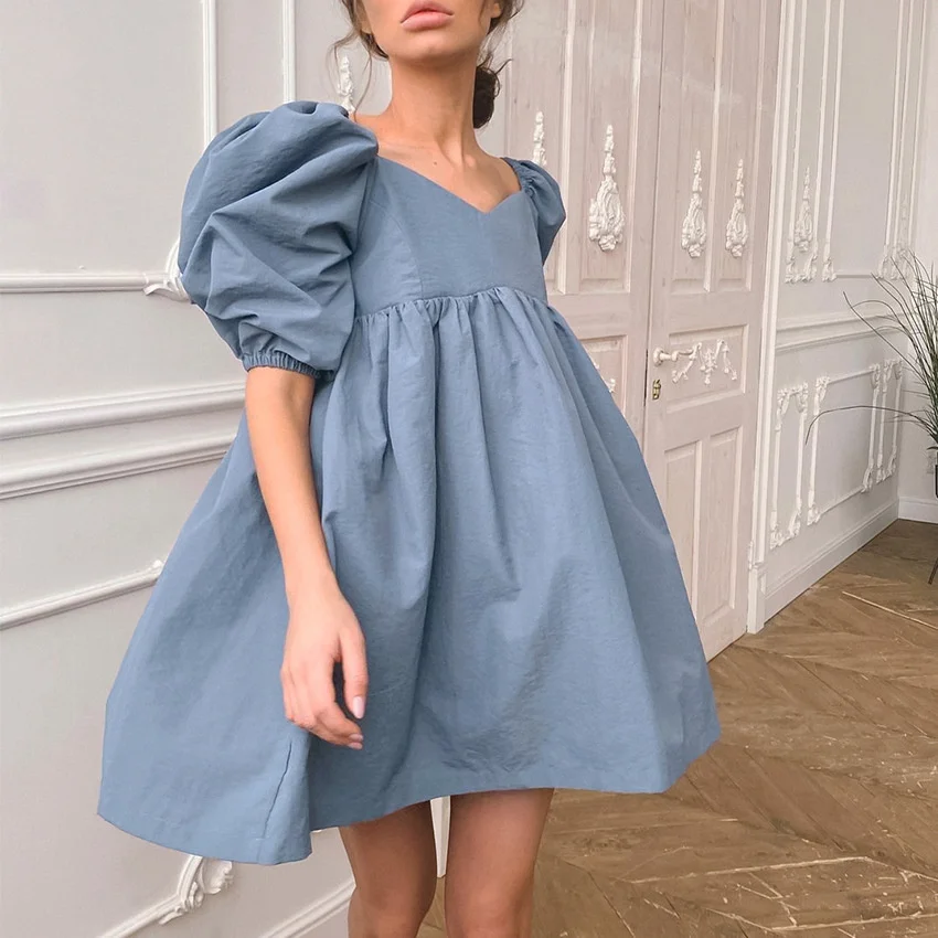 

Women Mini Dress Elegant Square Collar Puff Short Sleeve High Waist A-line Party Dress Casual Cute Solid Streetwear Summer 2021