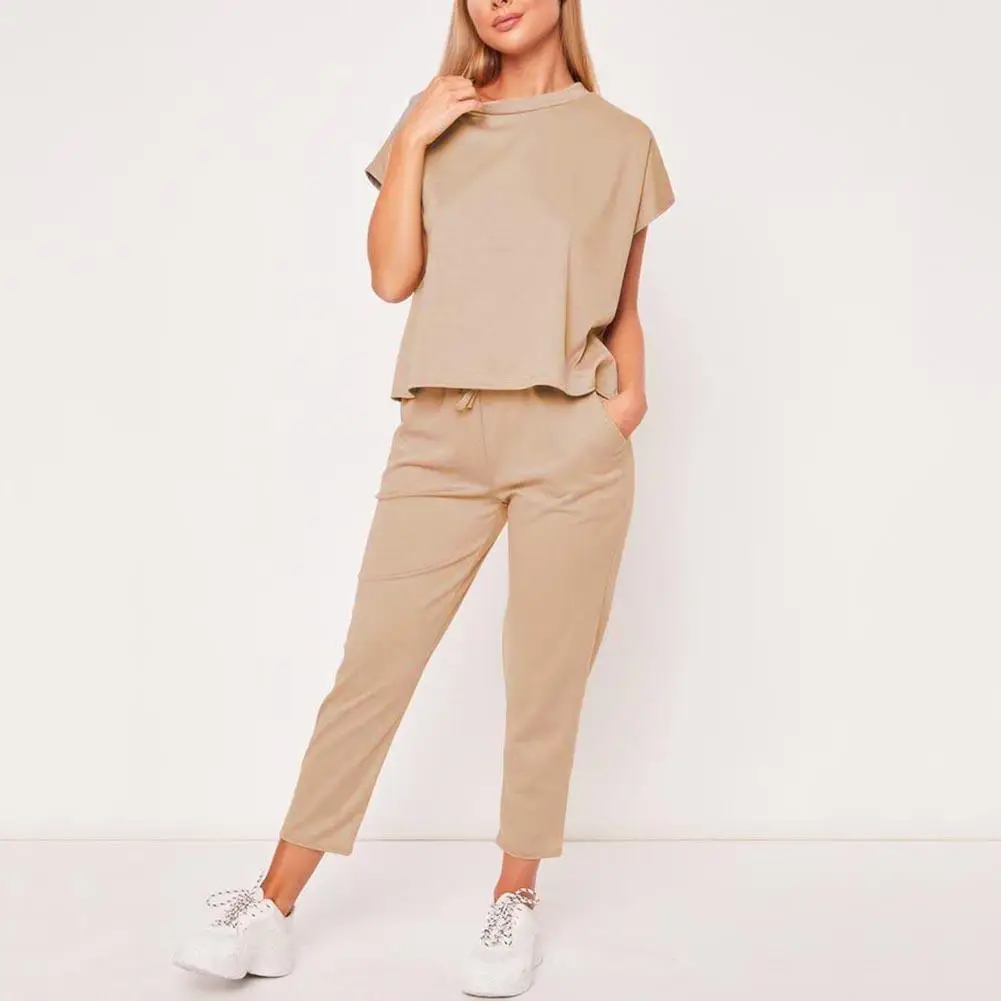 

2Pcs Women Jogging Suit Loose Short Sleeve T-shirt Lace Up Pants Sport Tracksuit Women Jogging Suit T-shirt Lace Up Pants