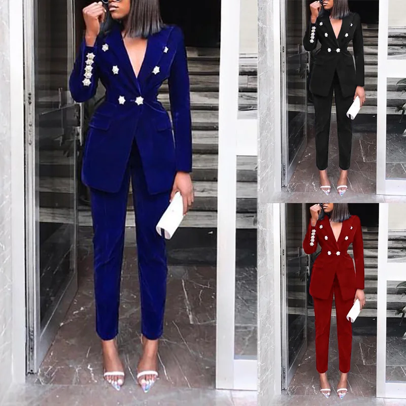 

2021 autumn and winter new hot selling solid color casual suit set women's two-piece set