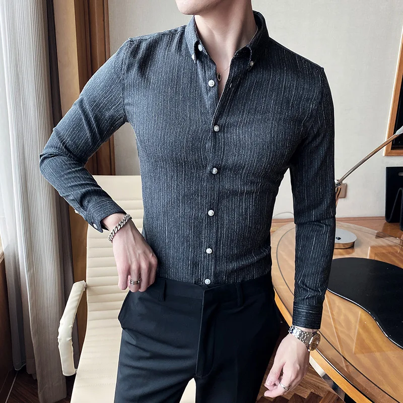 

British Style Vintage Men Striped Shirts Casual Long Sleeve Anti-Wrinkle Slim Fit Gentlemen Office Blouse Homme Formal Wear 4XL