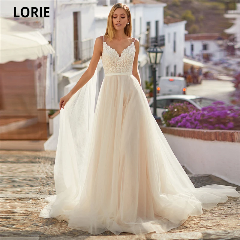 

Платья LORIE для пляжа и свадьбы, скромная модель 2020, тюлевые кружевные свадебные платья принцессы без рукавов с аппликацией, индивидуальный п...