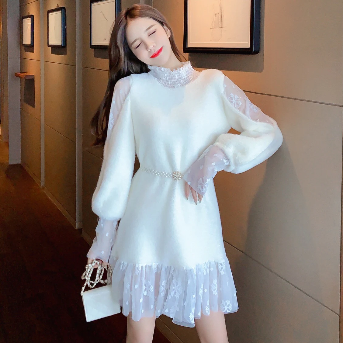 

New Fall Winter Women Sweet Mesh Patchwork Plush Sweater Female Stand Collar Lantern Sleeve Pearl Belt Slim Ruffles Dresses