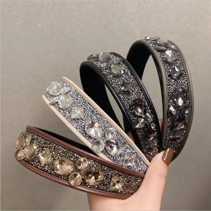 

Women Hairbands women wild go out retro French high-end shiny diamond wide leather headbands