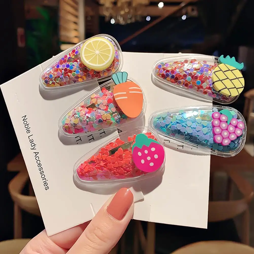 

5pcs Girl Fruit Cartoon Sequins BB Hair Clip Alloy and Sequin Plating Technology Hairpin Korean Candy Color Barrette