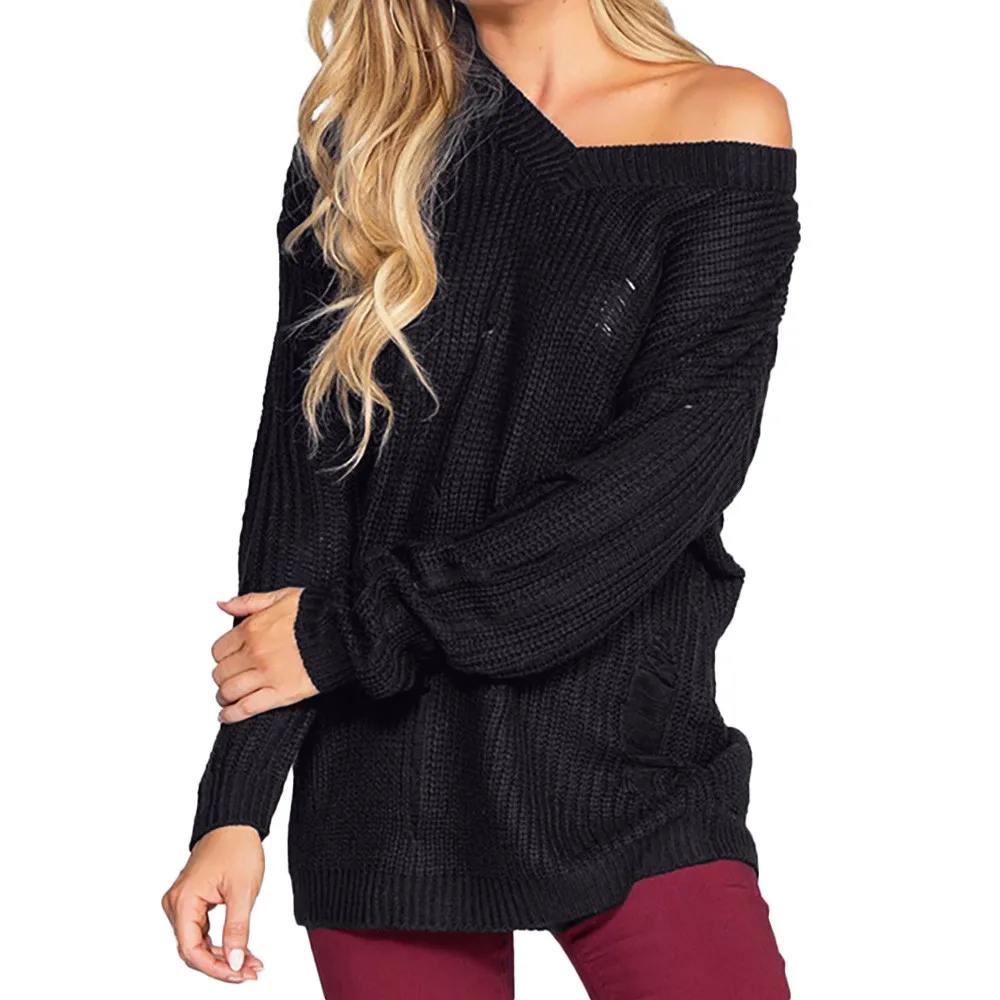 Свитер с открытыми плечами женский длинный рукав свободный крой вязаный пуловер