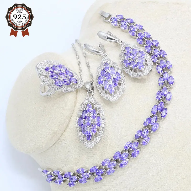 Наборы из натурального фиолетового полудрагоценного ювелирного серебра для женщин - серьги, кольцо, подвеска, ожерелье, браслеты.