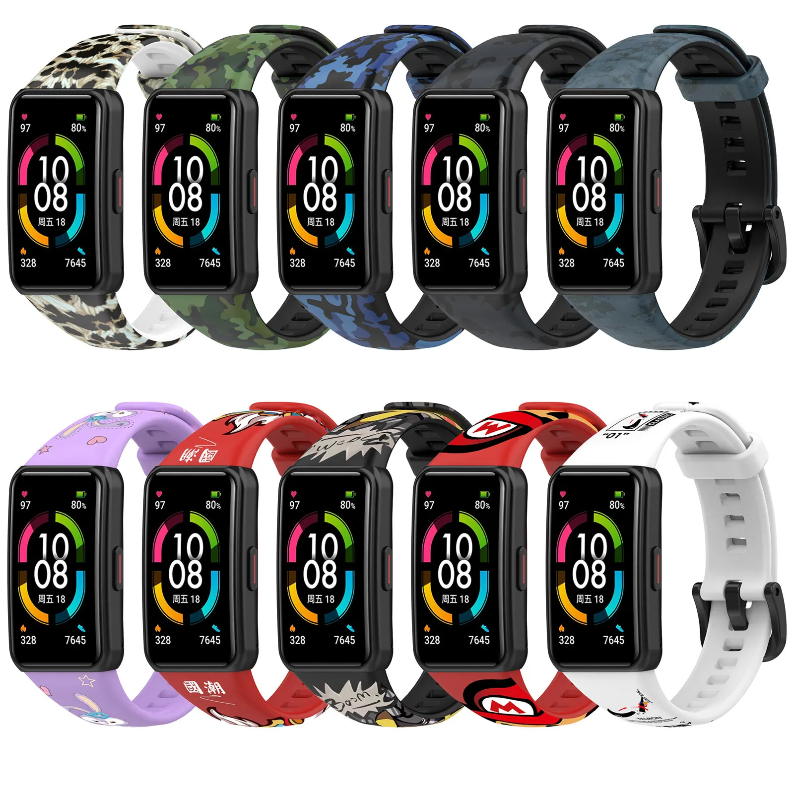 

Strap with Colorful Print For Huawei Honor Band 6 6pro Smart Watch Wrist Premium 16mm Width Silicone Fitness Tracker Watchband