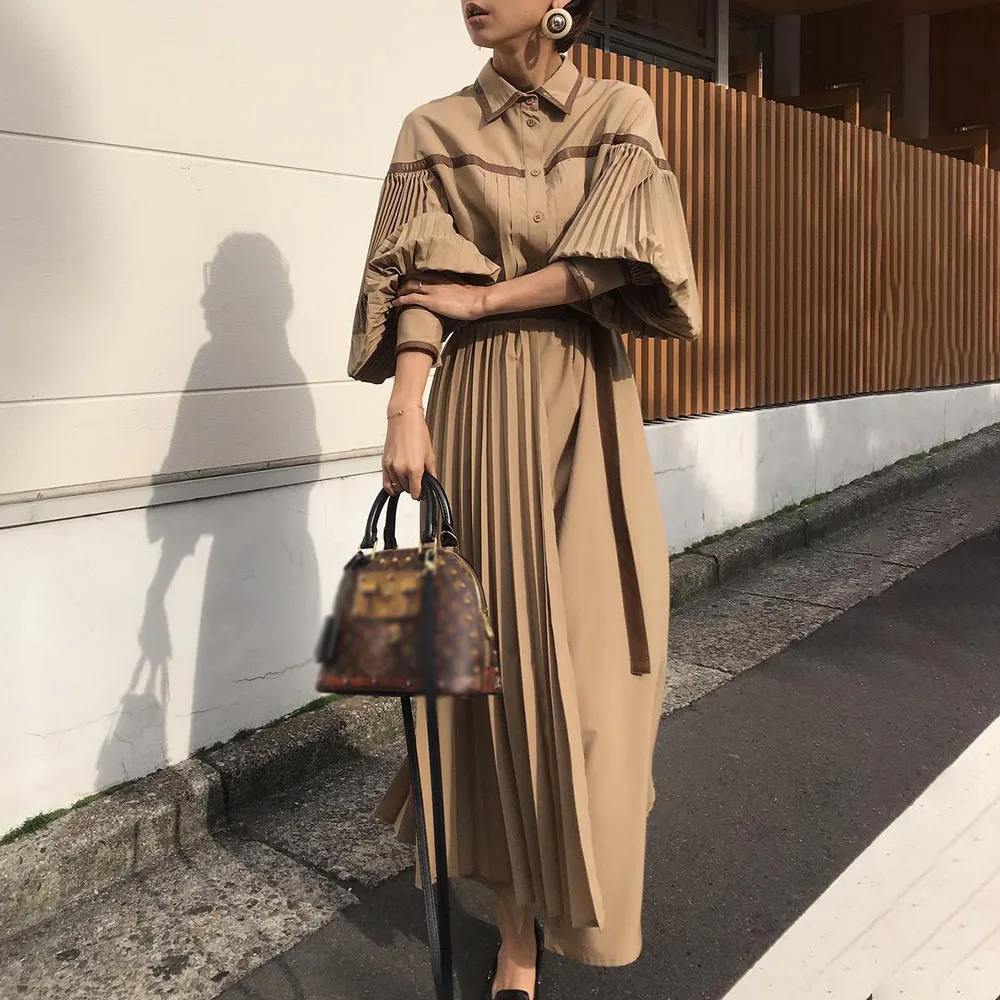 Плиссированное Платье рубашка макси в стиле пэчворк весна 2020 повседневные