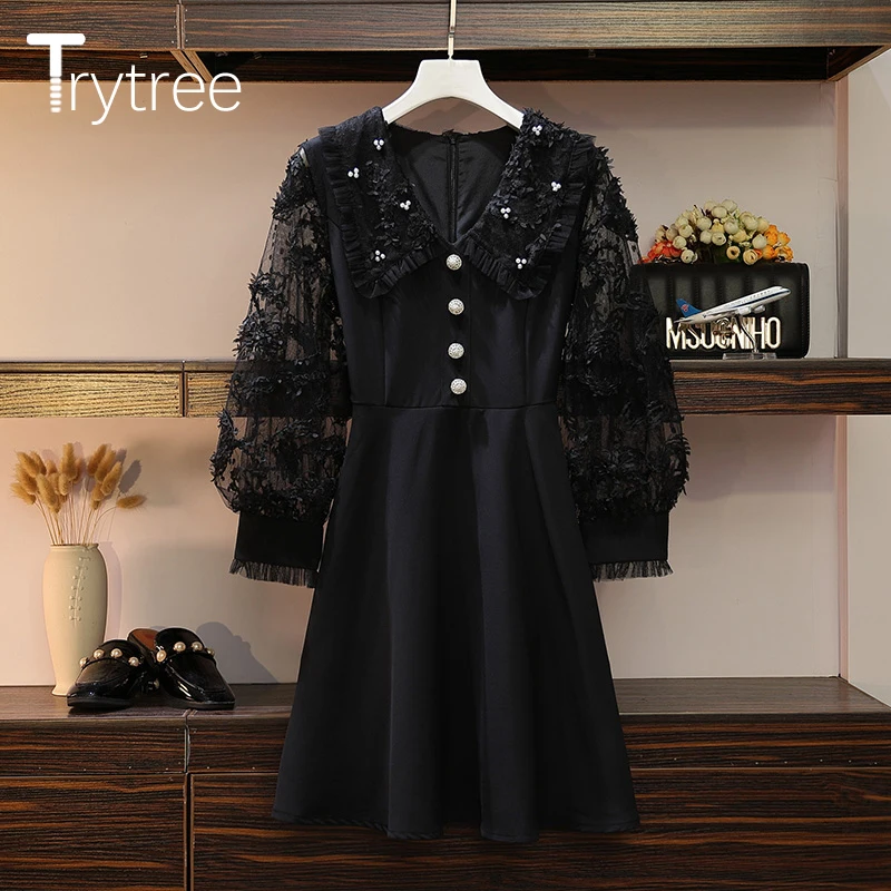 Осень 2020 женское Повседневное платье Trytree с круглым воротником рукавом до