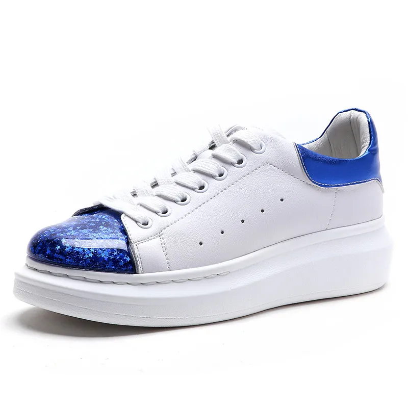

New Colorful Luminous Quicksand Shoes Spring Fall Flat Women Sneakers Round Toe Casual Lace-up Genuine Leather Sliver Blue