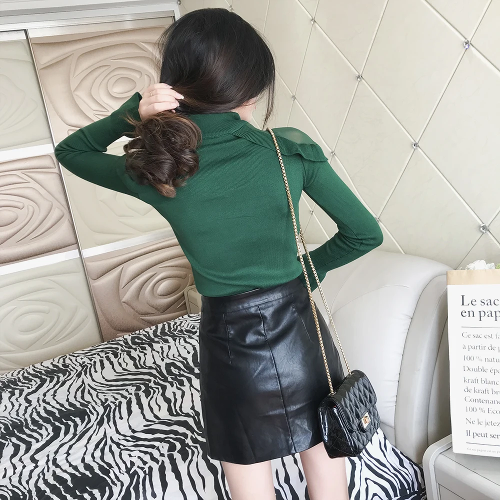 new style Sweet ruffled mesh open-shoulder long-sleeved sweaterfemale half-necked pullover sweater slim bottoming shirt winter | Женская