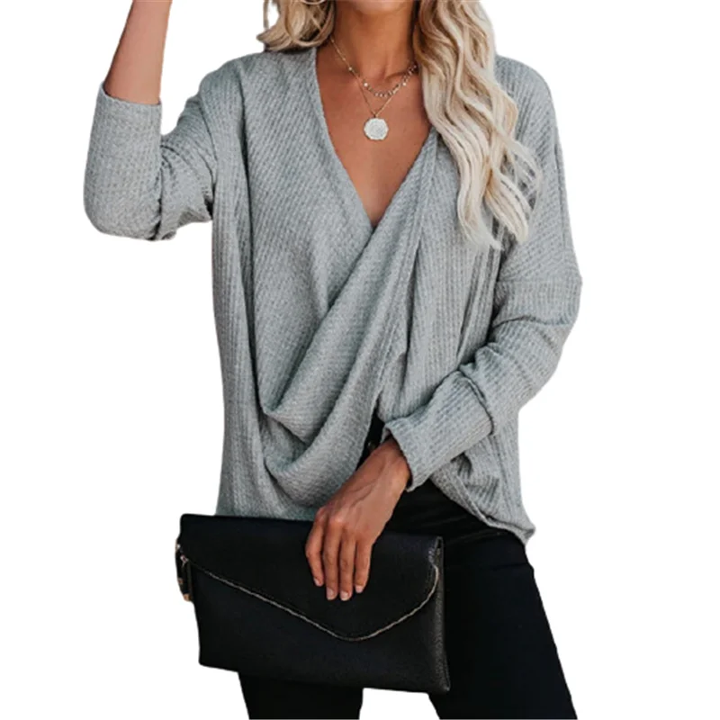 

Casual Solid Long Sleeve V-Neck Kink T-shirt Women Loose Autumn Pullover Top Fashion Black White Green Gray Plus Size Streetwear