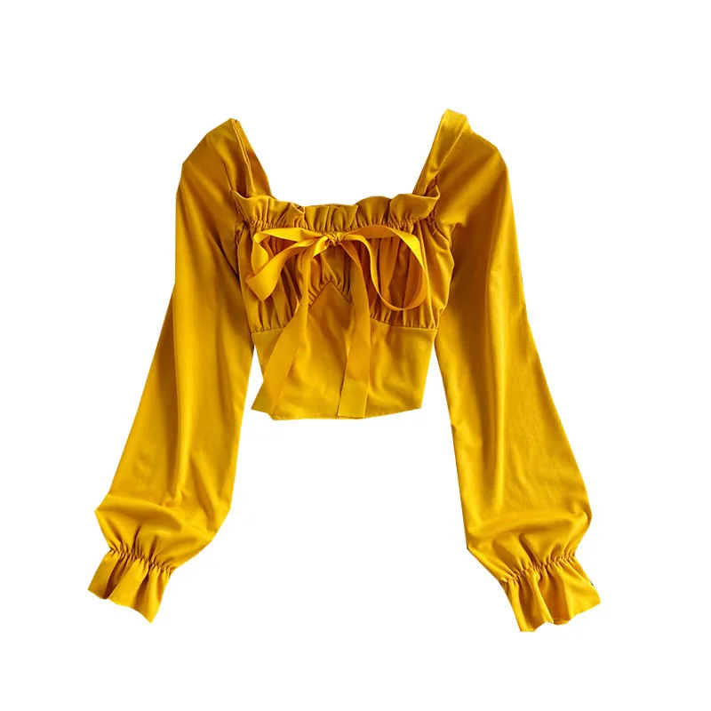 

Spring Autumn New Sweet Lace Bowknot Slim Slimming Puff Sleeve Short Square Collar Shirt Temperament Top Women UK660