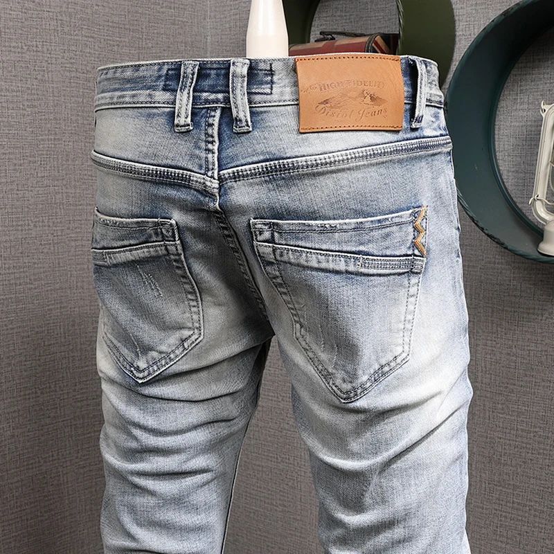 

Italian Style Fashion Men Jesns Retro Light Gray Blue Elastic Cotton Slim Fit Ripped Jeans For Men Vintage Designer Denim Pants