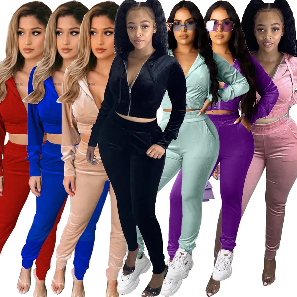 

7DN8520 Autumn Women Casual Korean Velvet Fashion Sports Two Piece Set Top and Pants Tracksuit Sweatsuit Outfits Hot