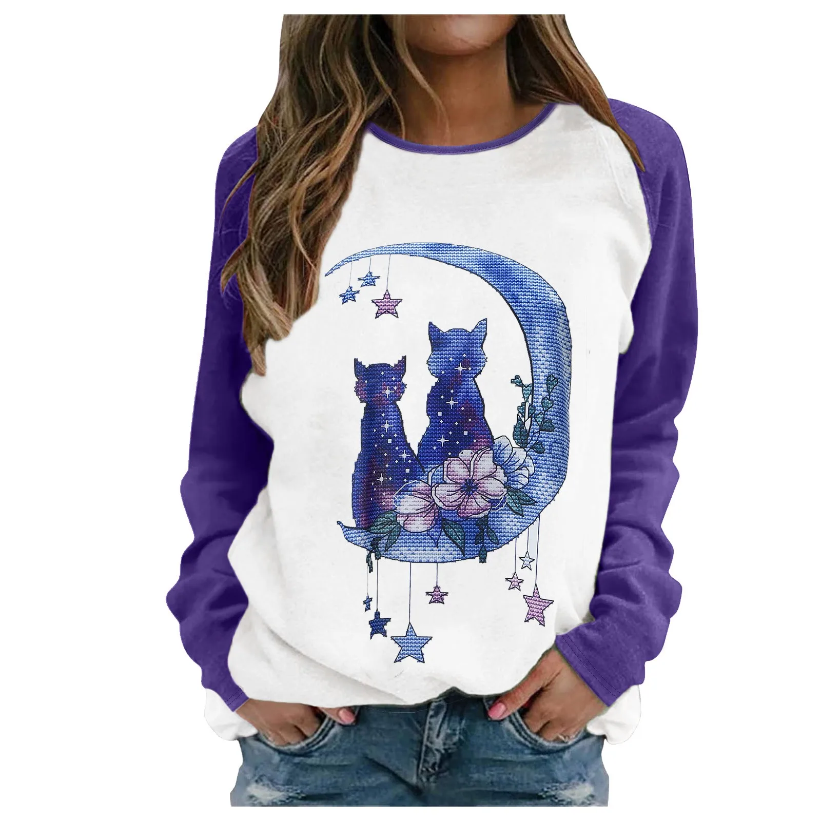 60# Lovely Cat Print Hoodie Women Long Sleeve Casual Harajuku Sweatshirt Female Plus Size O-neck Color Block Pullover Tracksuit