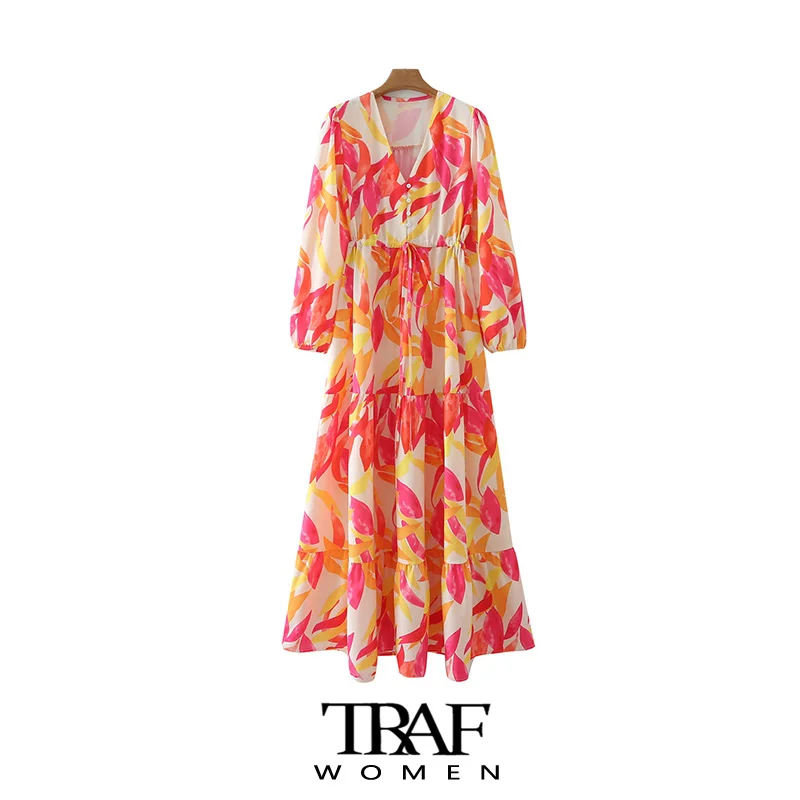 

Платье-миди с принтом, V-образным вырезом и длинным рукавом