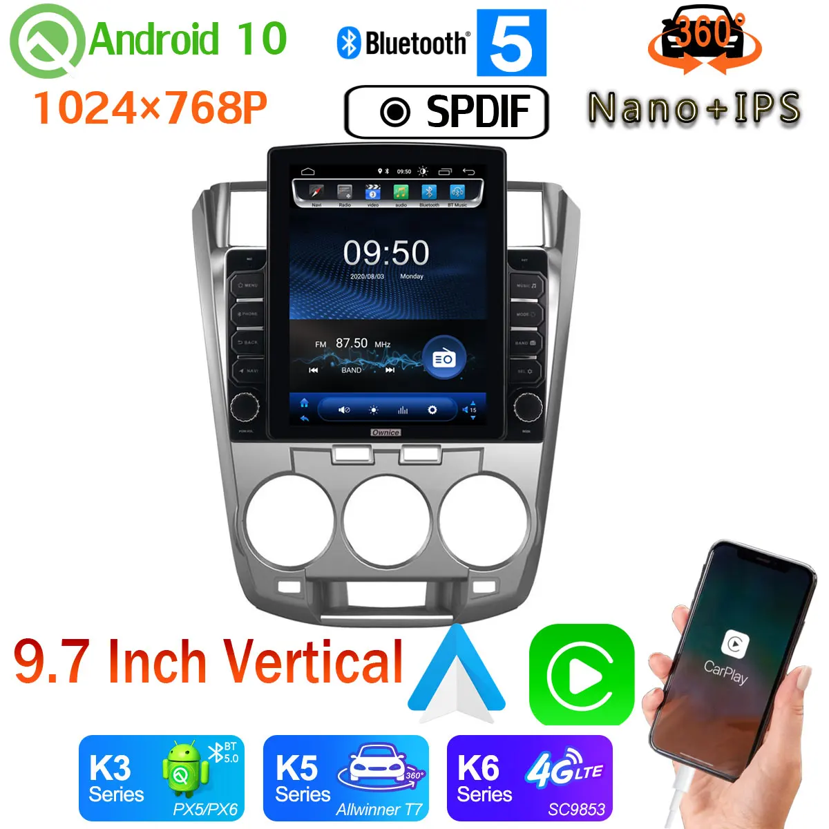 9 7 &quotTesla Style PX6 4 + 64G GPS CarPlay SPDIF Android 10 0 радио для Honda City 2009 2014 360 камера автомобильный