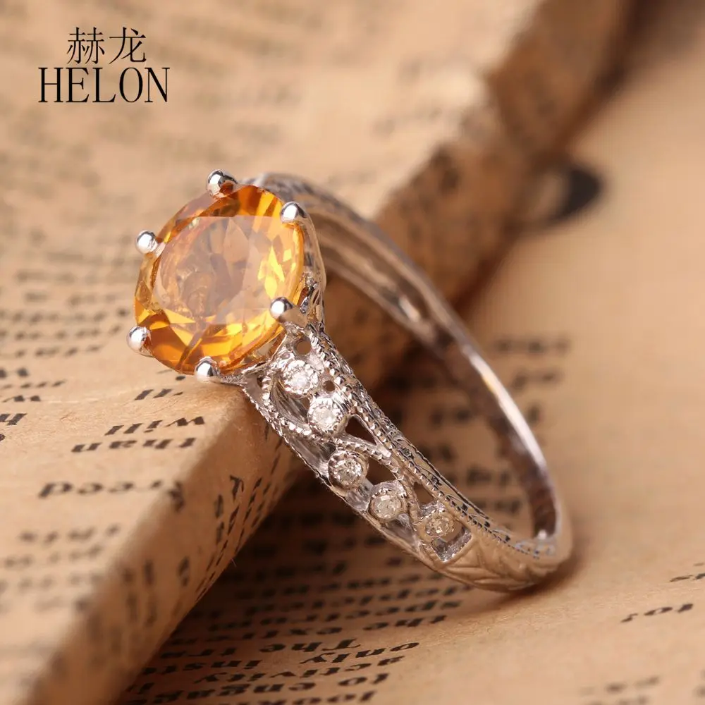 

HELON Solid 10K White Gold Flawless Round 7.5mm Natural Citrine & Diamond Engagement Wedding Ring For Women Vintage Fine Jewelry