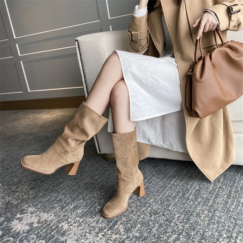 

FEDONAS Brand High Boots Women Basic Party Shoes Woman Newest Square Toe High Boots Winter Warm Suede Leather Boots High Heels