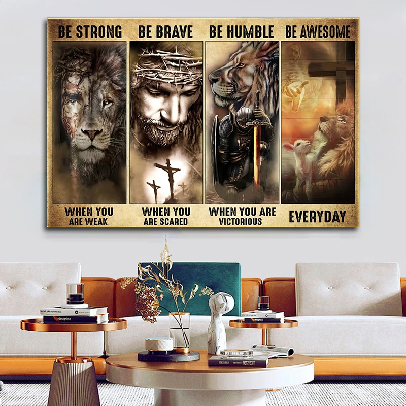

Wall Art Jesus Lion and Sheep Poster Canvas Painting Prints Christian God Crown of Thorns Picture for Living Room Home Decor
