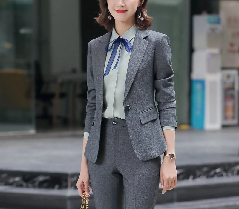 

New female elegant Women's Black Gray Pants Suit trouser Blazer costumes jacket Suits ladies office wear uniforms 2 piece blouse