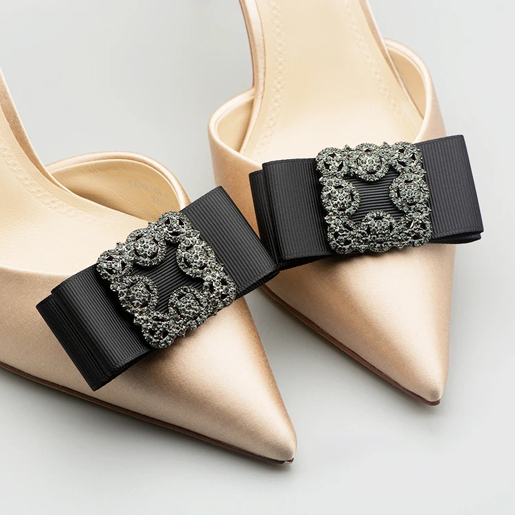 1 Pair Ribbon Rhinestone Buckle Shoe Accessories Woman Ladies Black Bow Shoe Clips Decoration Removable Shoes