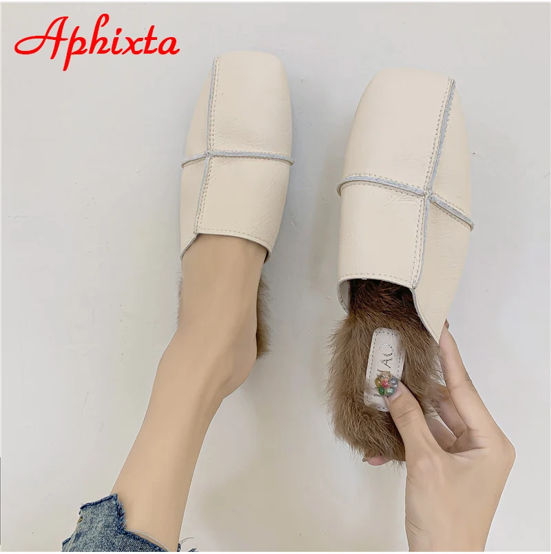 Aphixta/зимние теплые женские шлепанцы с натуральным кроличьим мехом; женские пушистые тапочки; женские шлепанцы на плоской подошве с квадратным носком