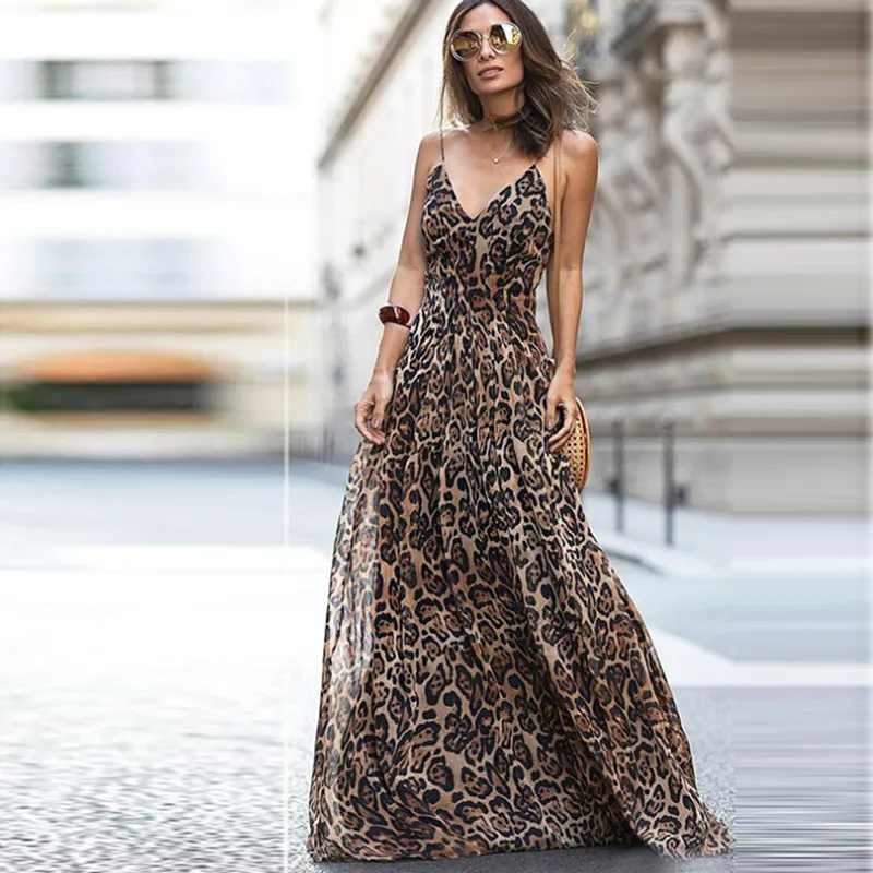 

2021 Summer Women's Leopard V-neck Sling Streetwear Party Dresses Mujer Vestido