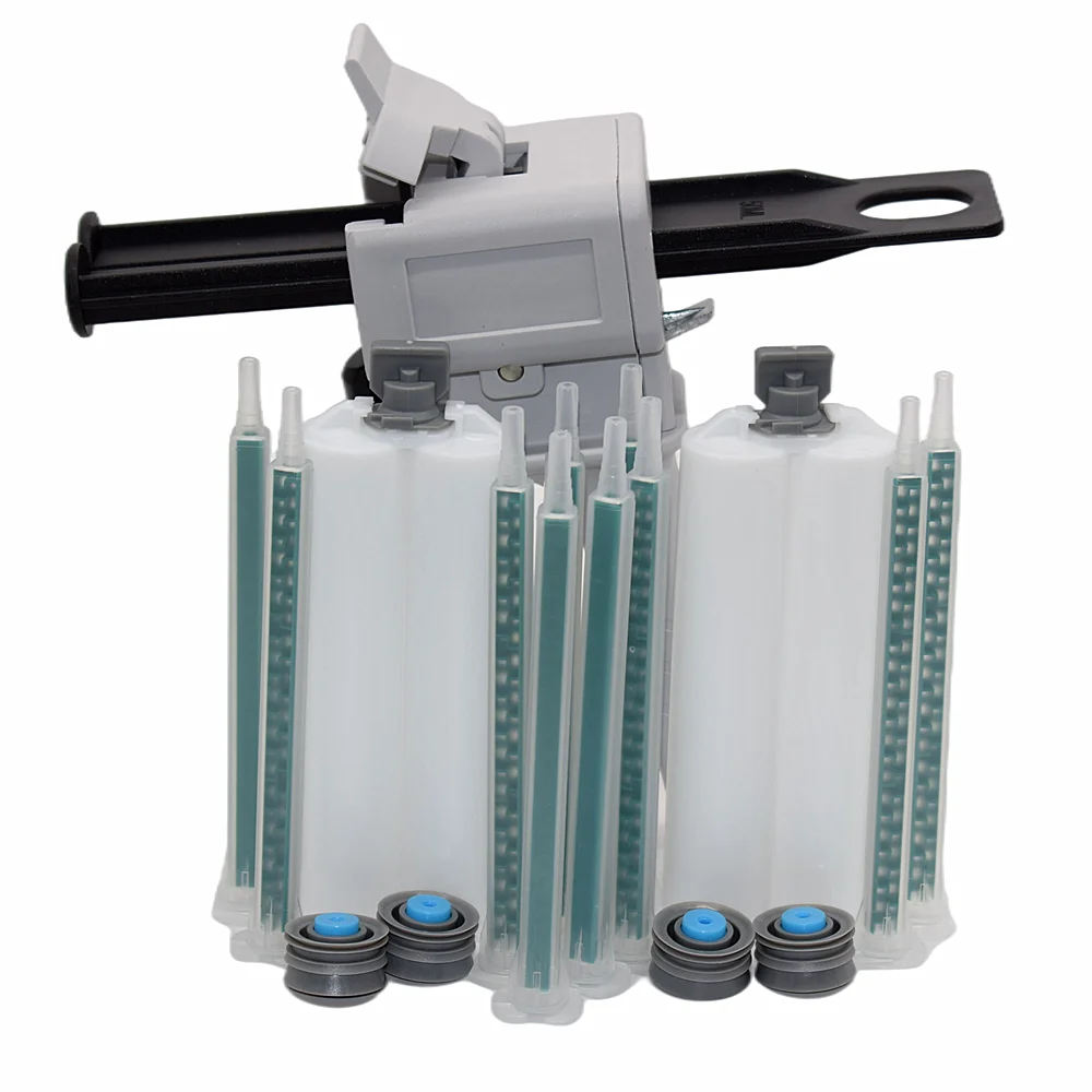 

50ml 1:1 AB Glue Gun Manual Caulking Gun with 10pcs 115mm Static Mixing Nozzle Set and 2pcs 50ml 1:1 Empty Dual-Barrel Cartridge
