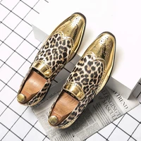 new gold leopard men shoes fashion pointed toe casual pu leather shoes men formal footwear luxury sequins oxford dress shoes men