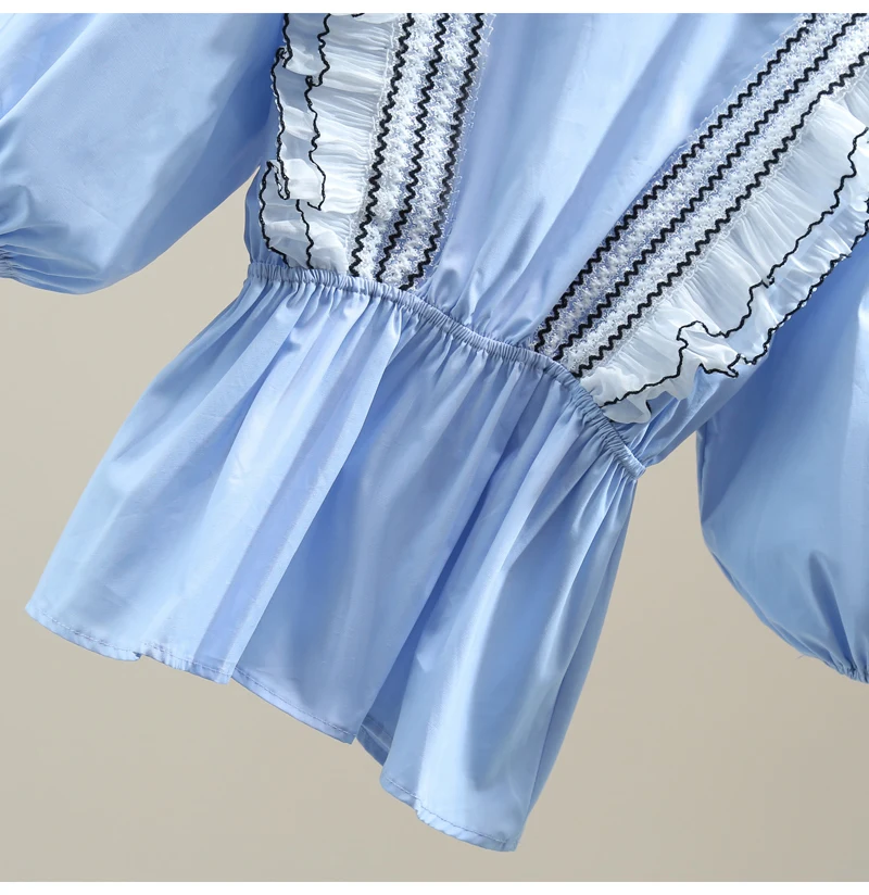 

2021 Summer Color Matching Ruffled Square Collar Puff Sleeve Doll Shirt Korean Style Slim Waist Women Top Casual Fashion Blouses