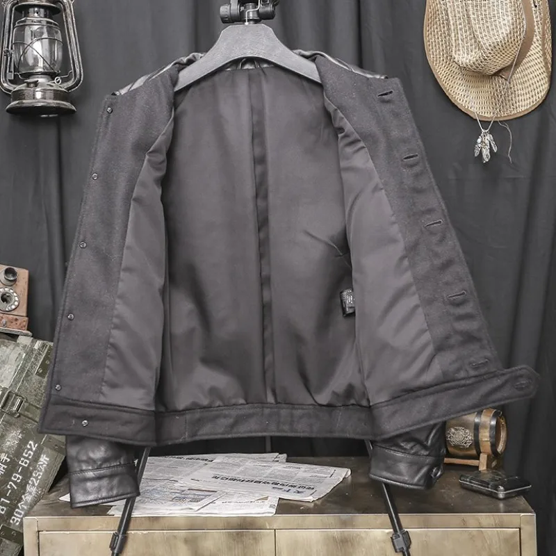 

Autumn New Designer Mens Patchwork Jacket Short Slim Fit Sheepskin Genuine Leather Jackets Pockets Single Breasted Cargo Coat