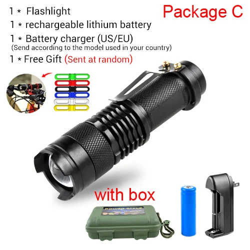 package C Водонепроницаемый портативный фонарь 18650 14500 кемпинг свет T6 L2 Q5 фонарик с регулируемым фокусом для пешего туризма наружного освещения - Мощность в ваттах: package C