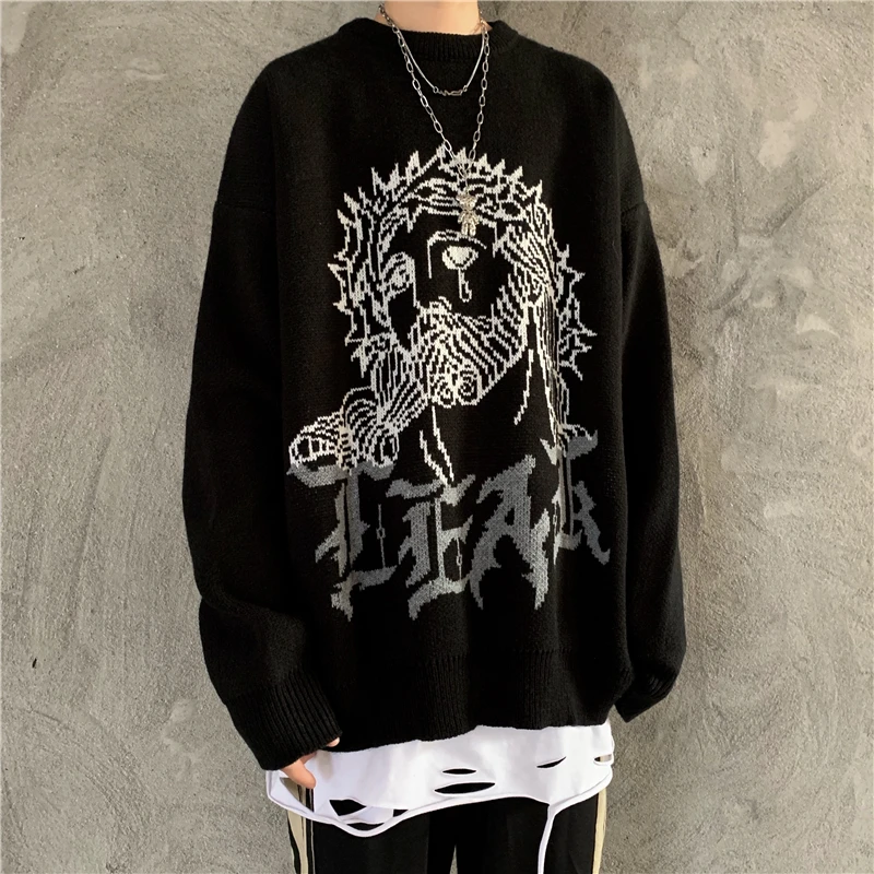 

Winter Trendy INS Cartoon Harajuku Personality Lazy Style Woman Sweater Jesus Alphabet Jacquard Men's Thickened Knitted Sweater