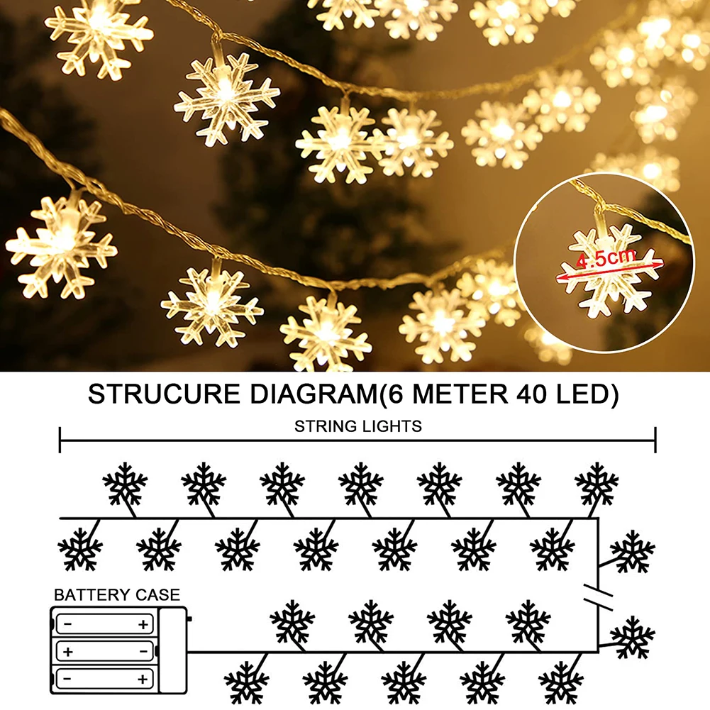 

LED Snowflake Christmas String Lights 6m 40LED Waterproof Indoor Outdoor Snow Fairy Garland Light New Year Valentine Day Party