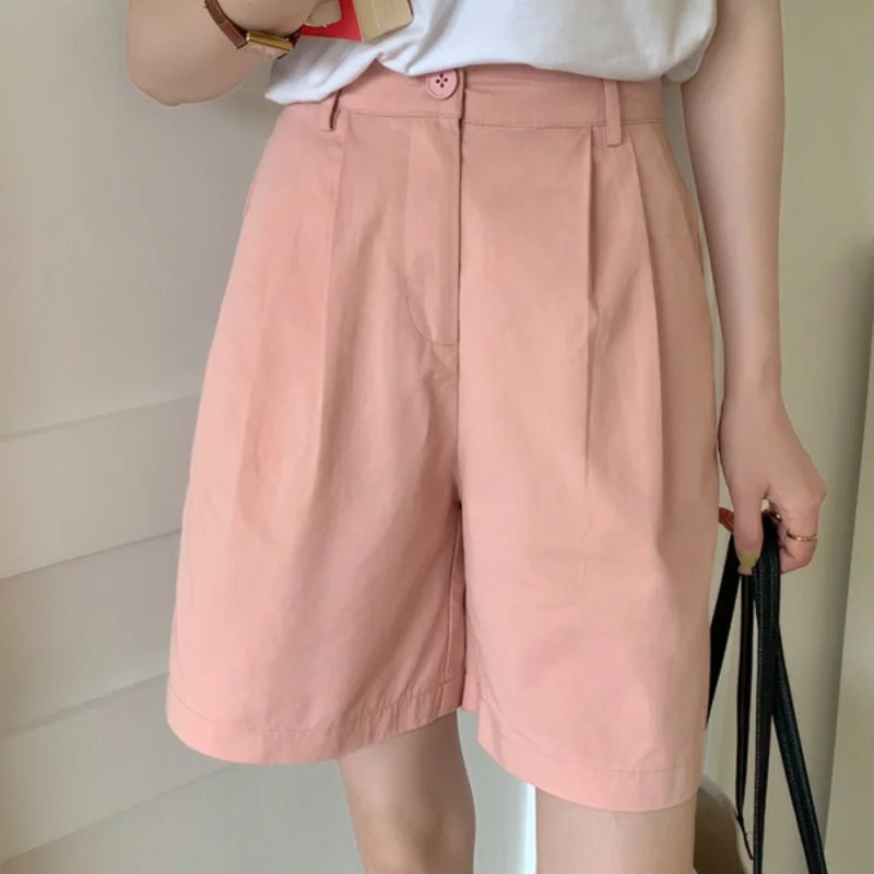 

KUSAHIKI 2021 Summer New Women Shorts Korean Fashion Bottoms Causal Solid High Waisted Wide Leg Short Feminimos 6H784