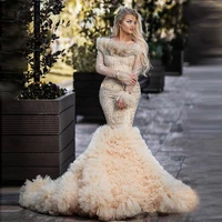 exquisite beaded mermaid prom dresses off the shoulder long sleeves ruffled train formal evening dress feathers party night gown