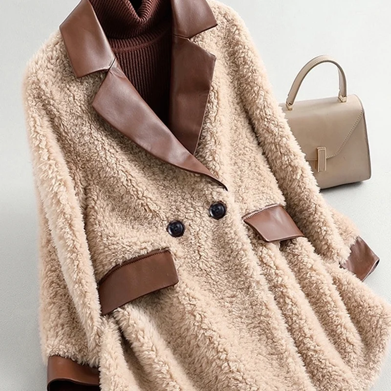 

Women Winter Genuine Fur Sheepskin Coats Ladies Turndown Collar Wool Outwear Female Streetwear Sheep Shearing Jacket X787
